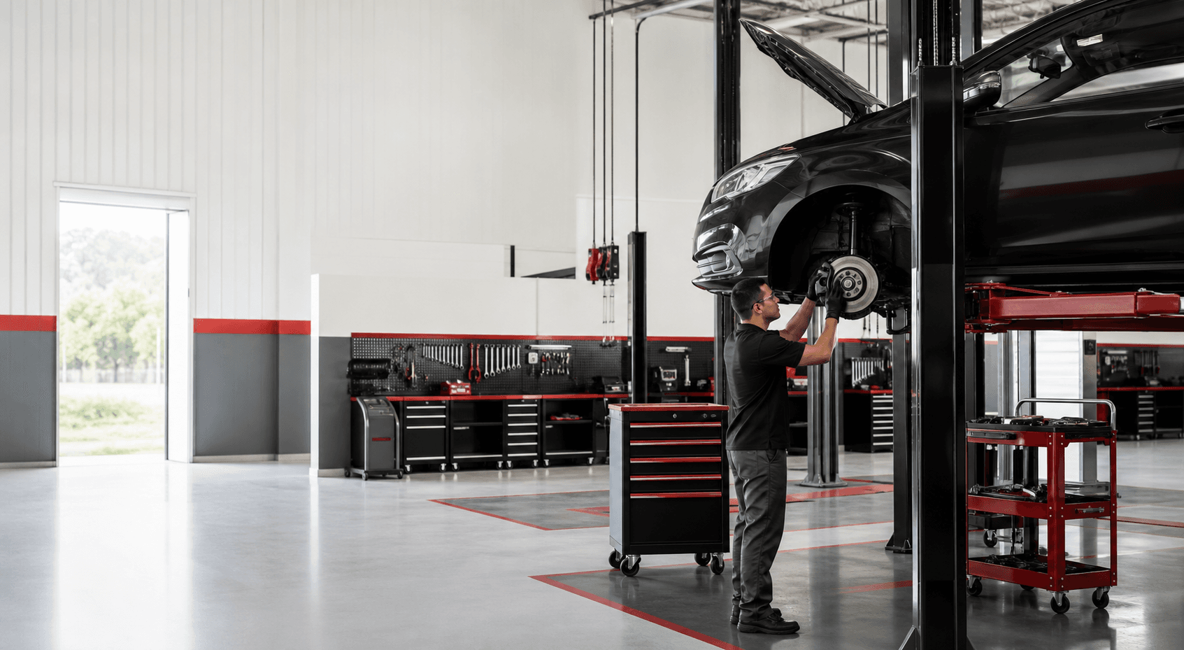 Oficina automotiva moderna com carro em atendimento